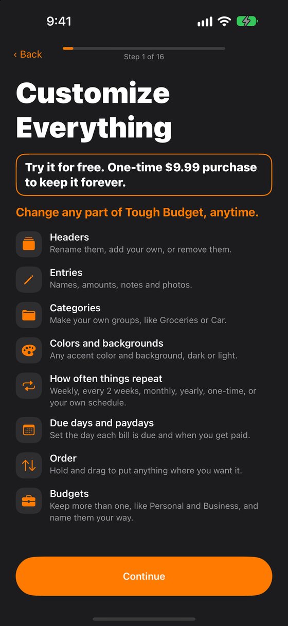 Tough Budget app screen: Customize Everything, the list of things you can change