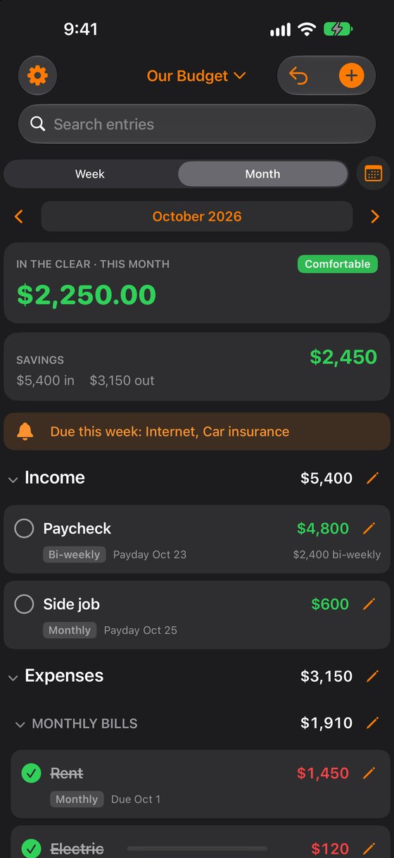 Tough Budget app screen: what is left after every bill this month, with income and bills below
