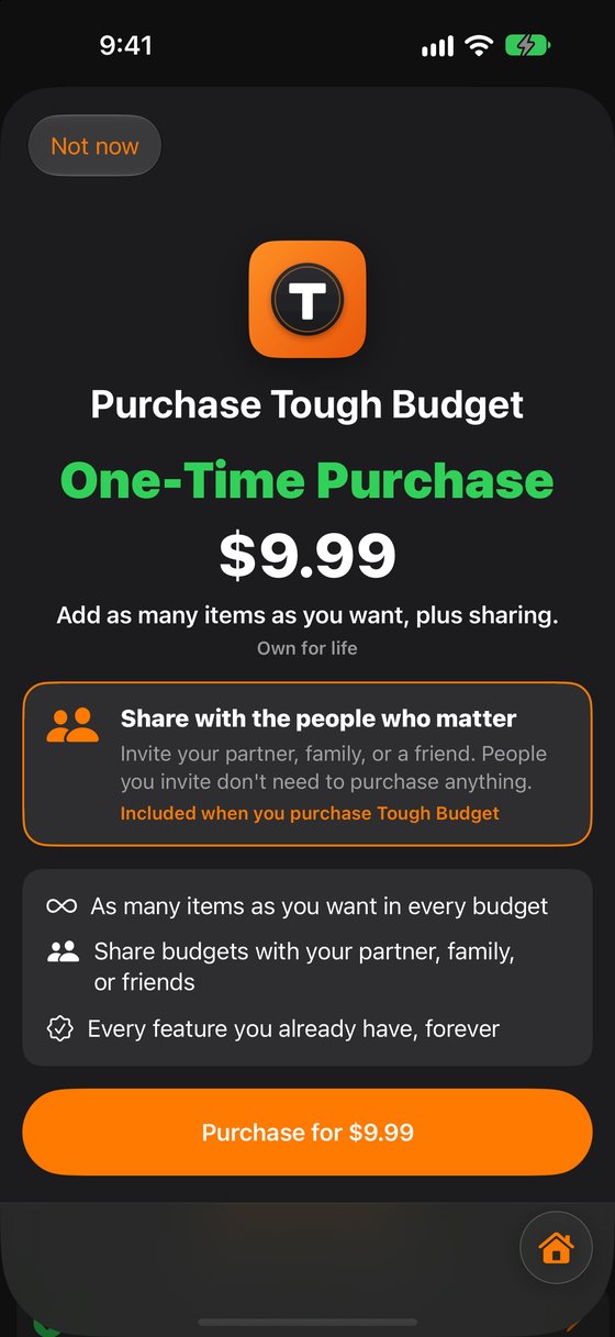Tough Budget app screen: the one-time purchase screen