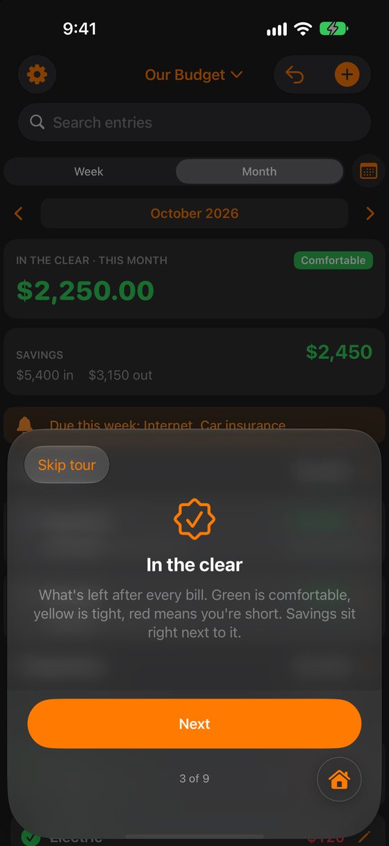 Tough Budget app screen: the in the clear tour step