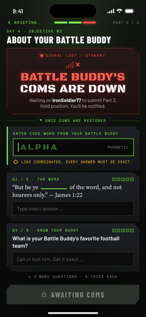 Tough Study screen: Part 3, questions about your Battle Buddy